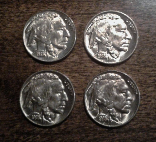(4) Uncirculated 5c 1938-D Buffalo Indian Head Nickels BU  ( Full Horn )