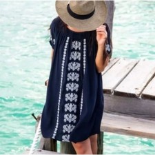 NWT Ann Taylor LOFT La Bonita Embroidered Shift Dress Small Off Shoulder Blue