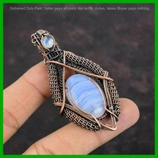 Copper Blue Lace Agate Gemstone Rainbow Moonstone Art Deco Wire Wrapped Pendant