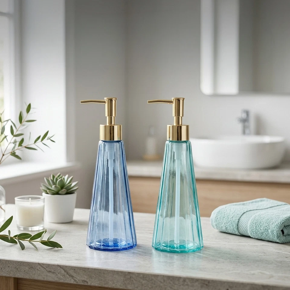 Distributeurs savon/lotion en verre, pompe dorée, salle de bain, lot de 2 - Photo 2/4