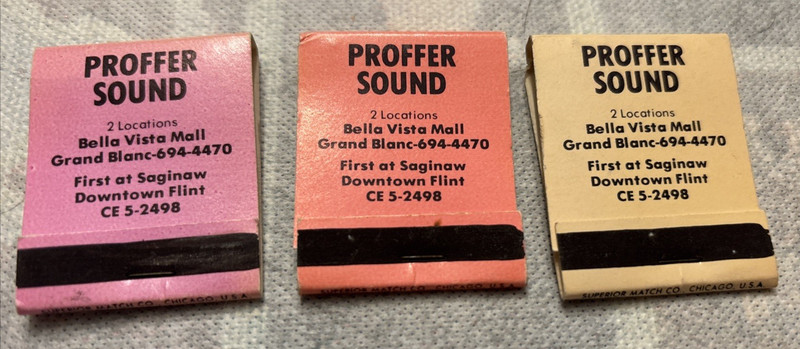 Vintage proffer sound records 8 Tracks and cassettes. Add. matchbooks Flint Mi.