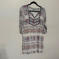 White Geometric Skies Are Blue Size 6 Boho Tunic Dress