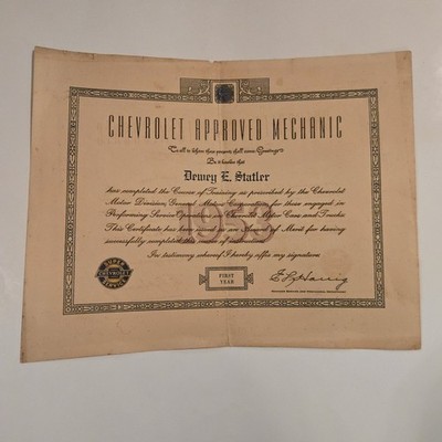 VTG 1953 Chevrolet Approved Mechanic Certificate Dewey E Staller 1st Year 11x14''