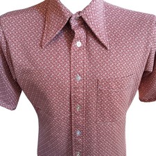 Vintage Men's Medium Disco Shirt 1970s Towncraft Red Diamond Print Stretch Knit