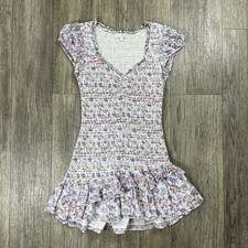 LoveShackFancy Women's Smocked Floral Printed Ruffled Cotton Short Mini Dress XS