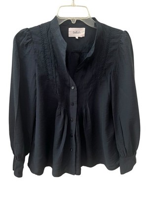 ba&sh Navy Blue Pintuck Lace Trim Blouse XS Paris Chic Long Sleeve Top