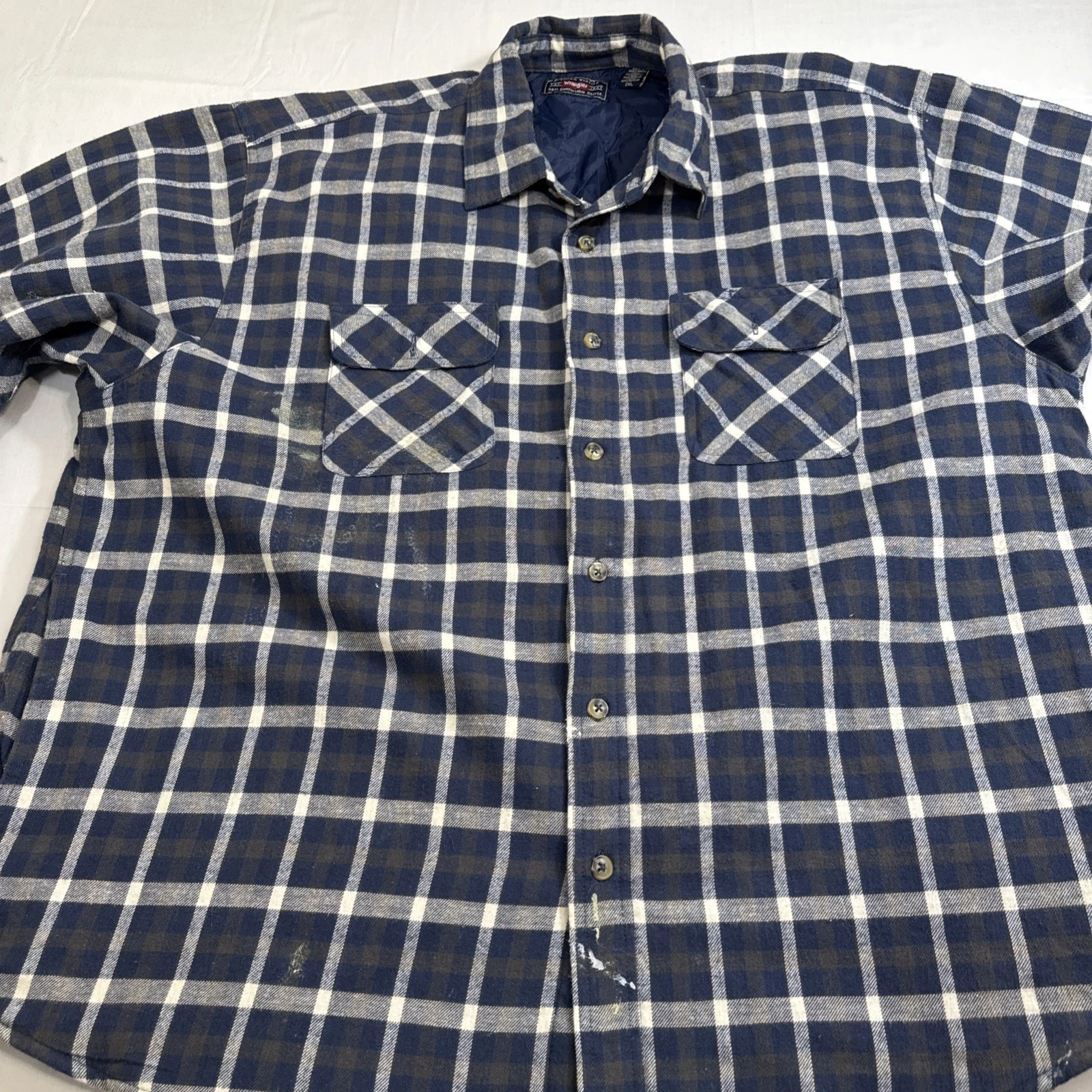 JACKET SHIRT SHACKET MEN XL Wrangler BLUE Button Up Plaid Lining Work Outdoor