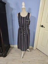 Doe & Rae Navy Striped Sleeveless Midi Dress M Belted Button