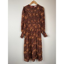Ulla Johnson Long Sleeve Smocked Multi Brown Midi Dress Brown Rust Size 6