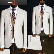 Business Men's Suit Slim Fit Beige Office Formal 2Pcs Workwear Jacket Coat