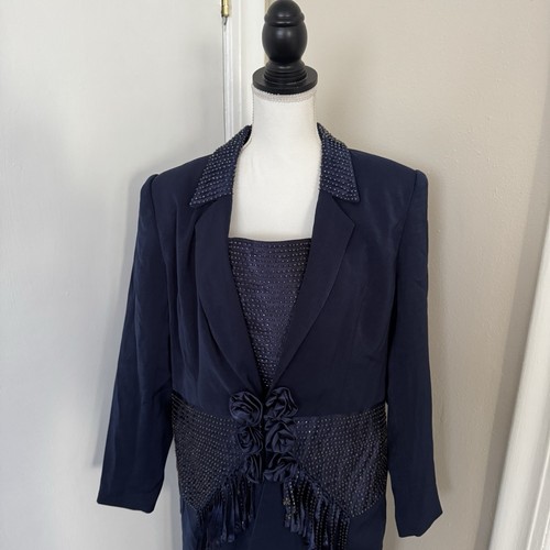 Lisa Rene Skirt Suit Women's 12 Navy Blue Roses Formal Suit Mother of the Bride - Picture 1 of 17