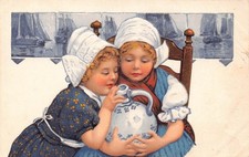 B559 Netherlands Dutch Girls Ceramic Pot Sailing Boats embossed vintage postcard