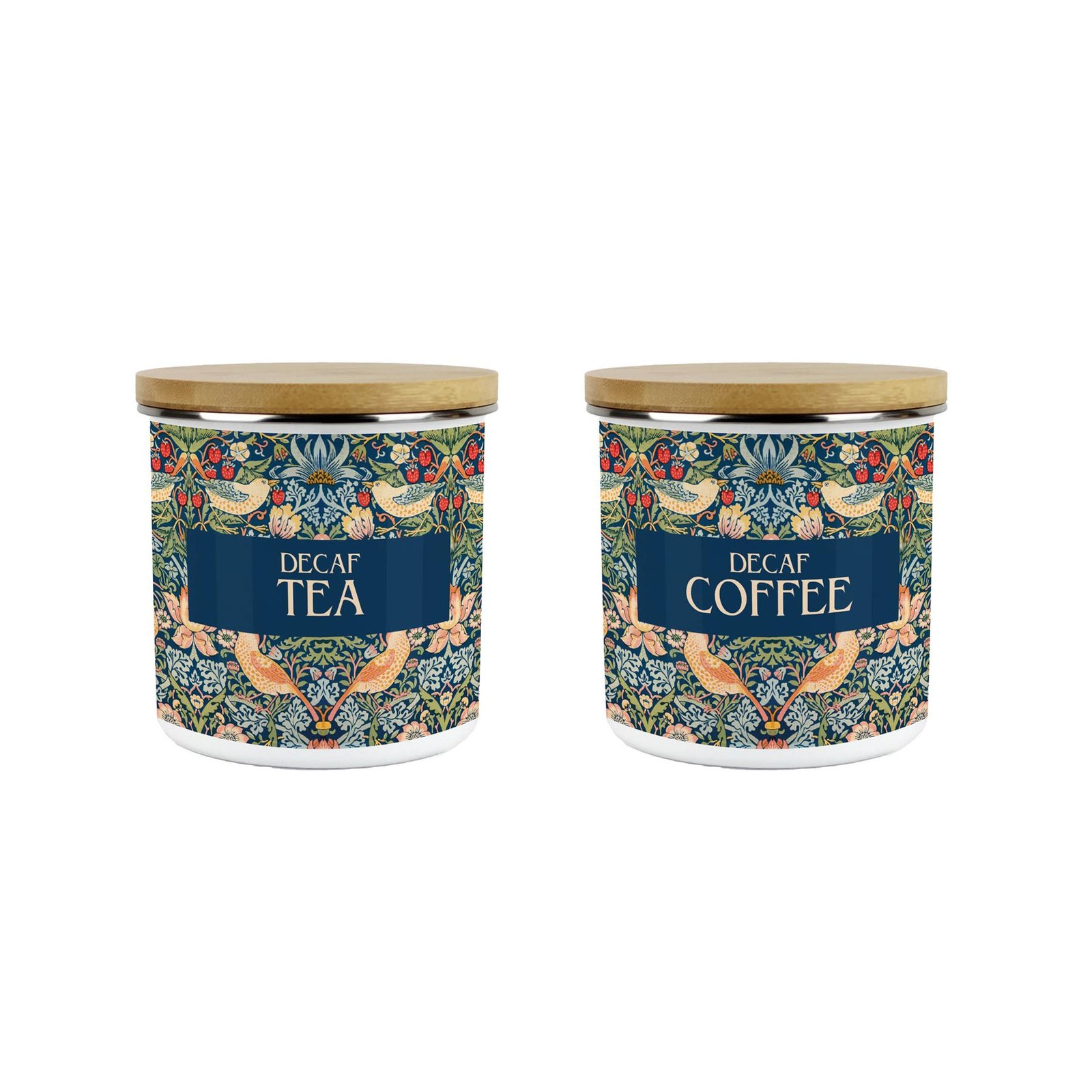 Blue Strawberry Thief Decaf Tea & Coffee 600ml Canisters - Enamel & Bamboo Jars