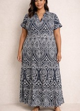 Chico’s Navy Blue White Embroidered Paisley Eyelet Maxi Boho Dress Plus Sz 14