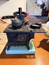 Crescent Cast Iron Miniature Stove Collectible with Teapot and Skillet Decor