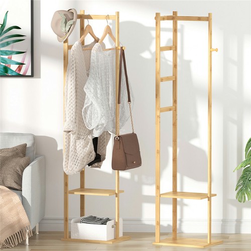 Versatile Bamboo Coat Stand Corner Clothes Rack Garment Shelf Hanging Rail Hooks - Picture 5 of 12