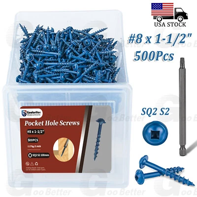GOOBETTER 500pcs #8 Pocket Hole Screws Wood Screws Square Drive Head Self Tapping Screws