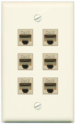RiteAV 6 Port Cat6 Ethernet RJ45 Female-Female Wall Plate Flat Light-Almond
