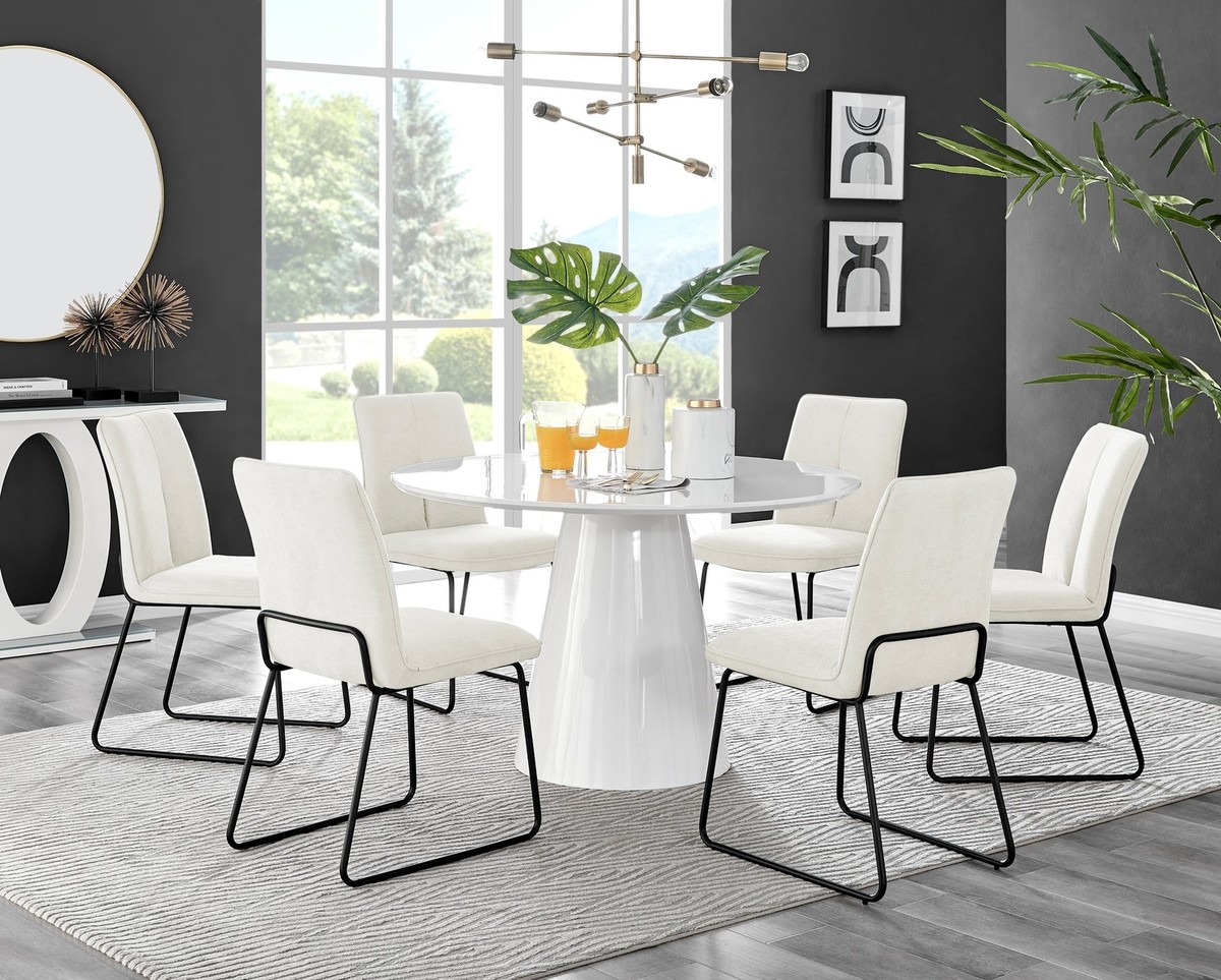 White Gloss Dining Round Glass Dining Table With White Chairs