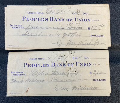 Lot of 14 antique 1920s BANK OF UNION- MISSISSIPPI bank checks