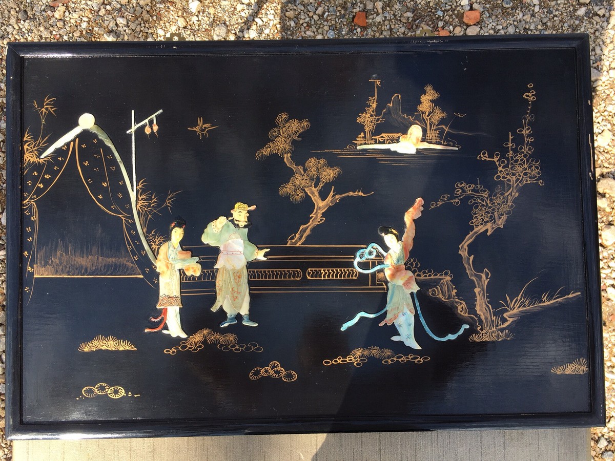 2 Vintage Asian Black Lacquer Mother of Pearl Wall Panels Art