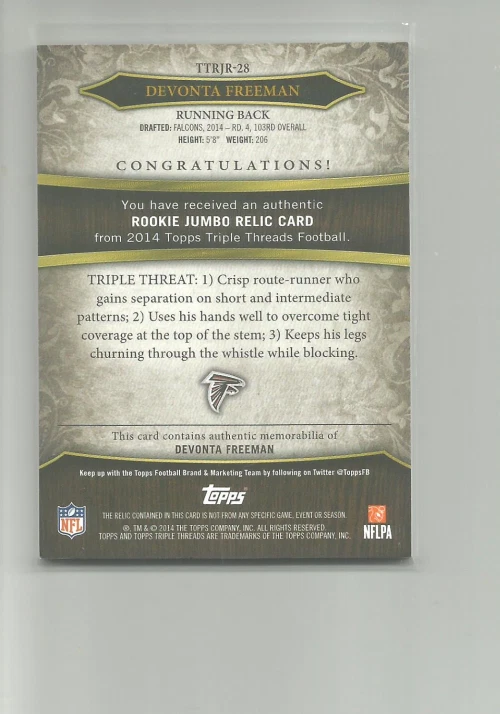 2014 TOPPS TRIPLE THREADS ROOKIE JUMBO RELICS #TTRJR28 DEVONTA FREEMAN 21/99 - Image 2 of 2