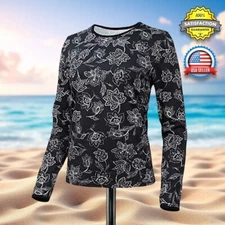 Hang Ten WOMENS SMALL Rashguard Black & White Floral Swim Surf Shirt Top UPF 50+