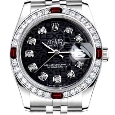 Rolex Datejust 26 mm Diamond & Ruby Bezel Steel Watch Black Jubilee Diamond Dial