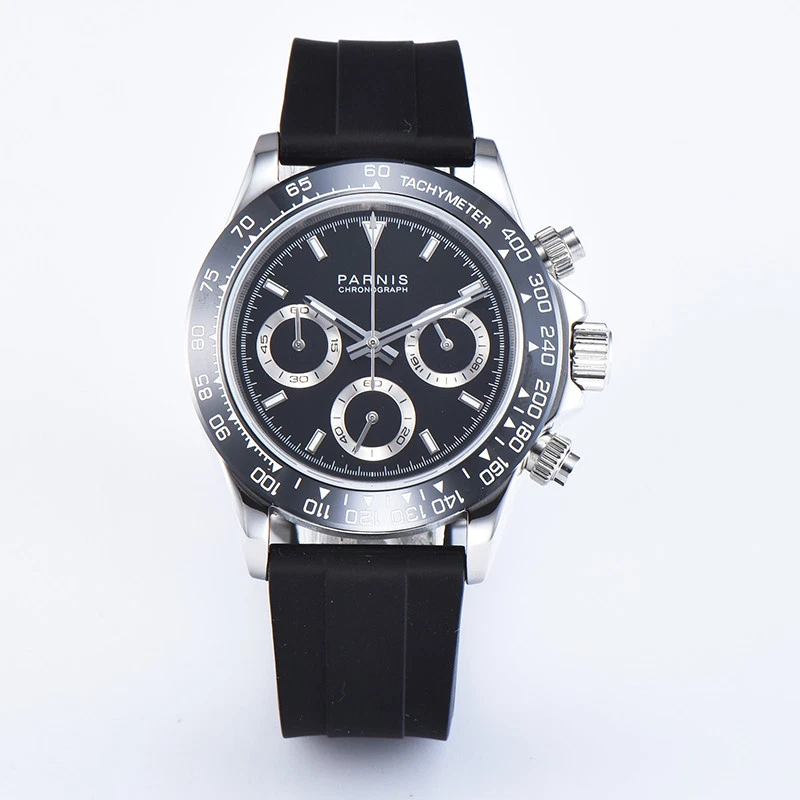 39mm Parnis Men's Chronograph Watch Quartz Movement Sapphire Crystal Rubber Band - Image 2 of 4