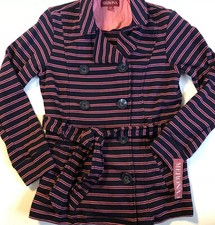 Merona Women Navy Blue Pink Striped Pea Coat Spring Jacket Tie Belt S Preppy New