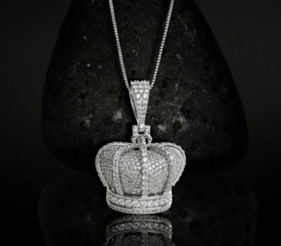 Pave Diamond Crown Pendant King Queen Necklace 925Sterling Silver HipHop Jewelry