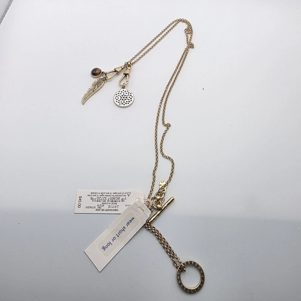 New LUCKY BRAND Necklace Tigers Eye Angel Wing Layered Gold Tone Short Or Long - Image 2 of 4