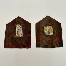 Pair Mexican Tin Retablo Style Nicho Guadalupe Madonna Child Icons 80s-90s VTG