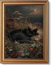 Black Cat Wall Art Decor, Vintage Gold Framed Sleeping Cat Canvas Print, Dark...