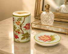 Vintage 1970s Chinoiserie Floral Ceramic Toothbrush Holder Soap Dish Set