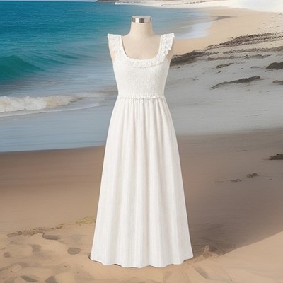 American Eagle White Smocked Lace Maxi Dress XS Ruffle Stretch Milkmaid Lined