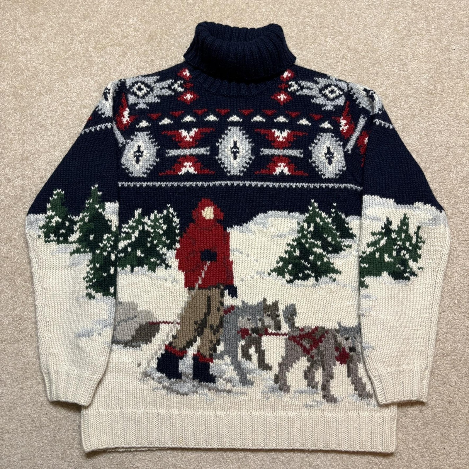 Vtg 90s Lauren Ralph Lauren Dog Sled Sweater Mens Small Handknit Turtleneck Wool