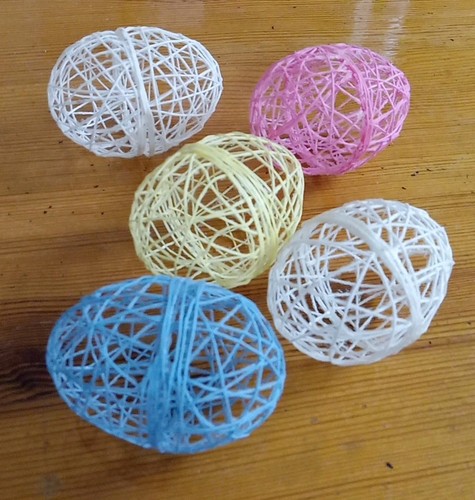 Set of 5 Vtg Easter Eggs Handmade Starched String Ornaments Decor Pastel 3"