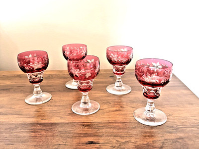 5 Port Wine (Cordial) Stems-Vignes-Val St Lambert-Cranberry-Cut-to-Clear Glass
