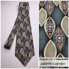 Pierre Cardin Mens Silk Tie Blue & Beige Geometric Pattern Made In USA Preppy