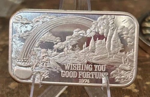1974 .999 FINE SILVER BAR - WISHING YOU GOOD LUCK