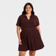 Women's Plus Short Sleeve Pleated Mini Sweater Dress - Ava & Viv Brown 2X