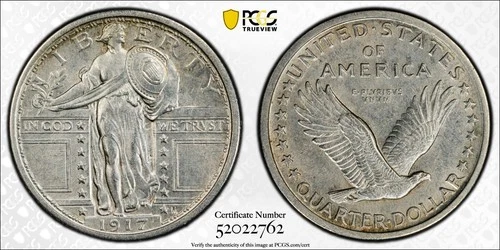 1917 Standing Liberty Quarter 25C PCGS Cleaned AU Detail, Type 1, Strong Head