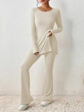Womens Knitted Loose Tops Pants Co-ord Set 2 Pcs Split Lounge Wear Suits Outfits