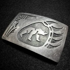 Hopi Lawrence Saufkie Vintage Bear Belt Buckle Sterling Silver Rare Native JAPAN