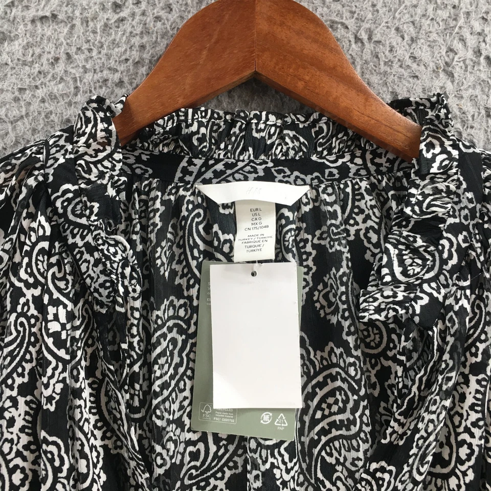 NUEVO H&M Tops Mujer L Negro Blanco Paisley Manga Globo Cuello en V Blusa Pop Over Foto 3 de 4