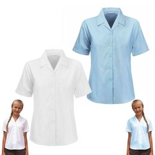GIRLS REVERE COLLAR BLOUSES SHORT SLEEVES SHIRTS KIDS SCHOOL UNIFORM SHIRTS