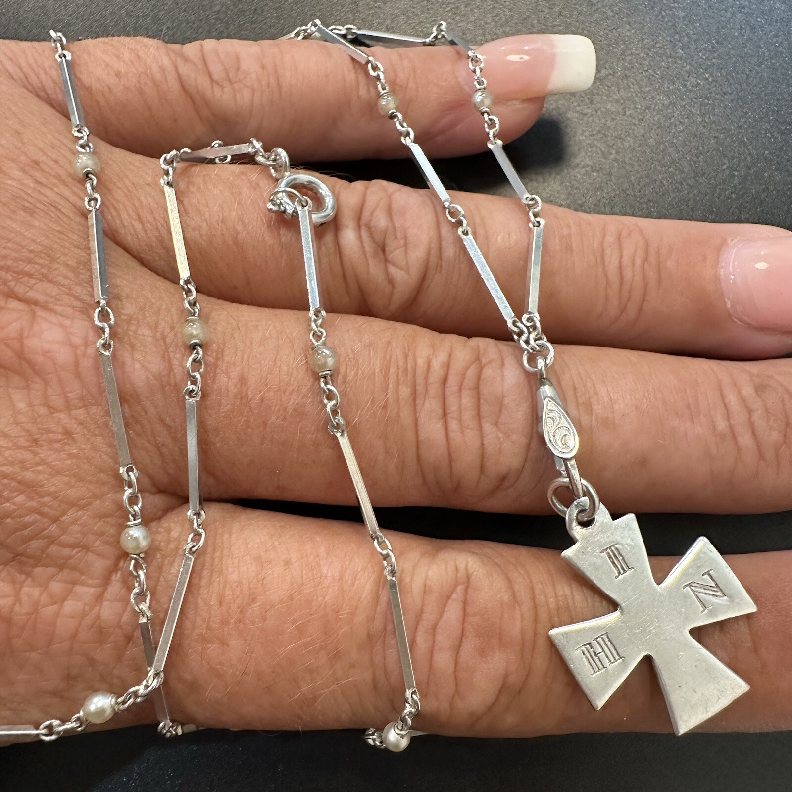 ANTIQUE ESTATE 800 SILVER CHATELAINE NECKLACE 27” w/ STERLING IHN CROSS PENDANT