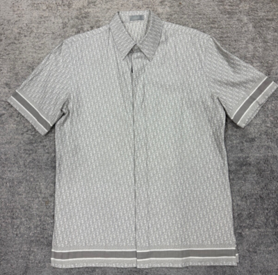Dior Oblique Grey Logo Cotton Jacquard Short Sleeve Button Up Down