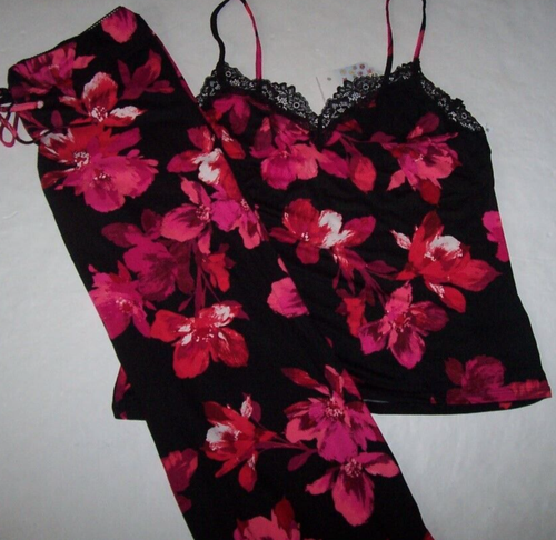 NWT In Bloom by Jonquil BLACK/PINK FLORAL Slinky Knit Pajama Set XL LACE Trim